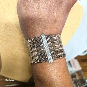 Hammered Rose Gold & Silver Mixed Metal Clear Rhinestone Bar Stretch Bracelet